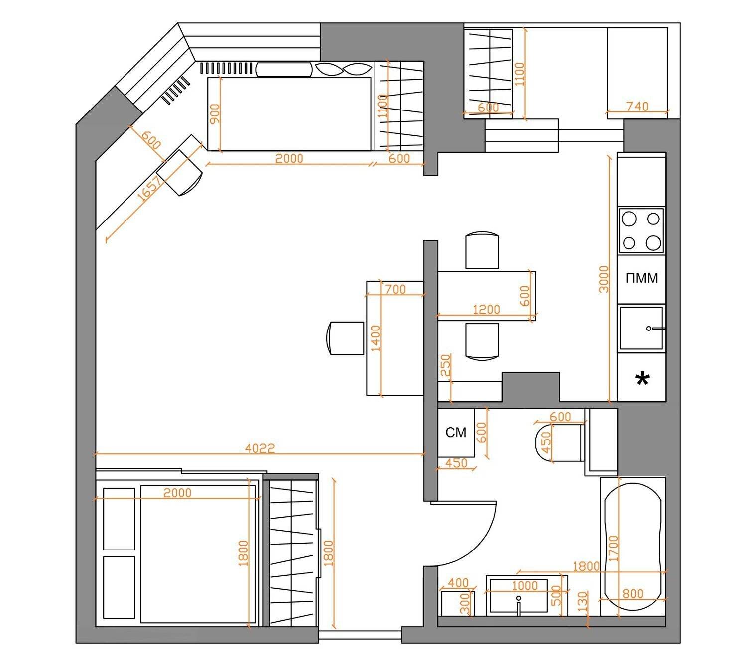 Дизайн однокомнатной квартиры 46 кв. м +50 фото примеров интерьера