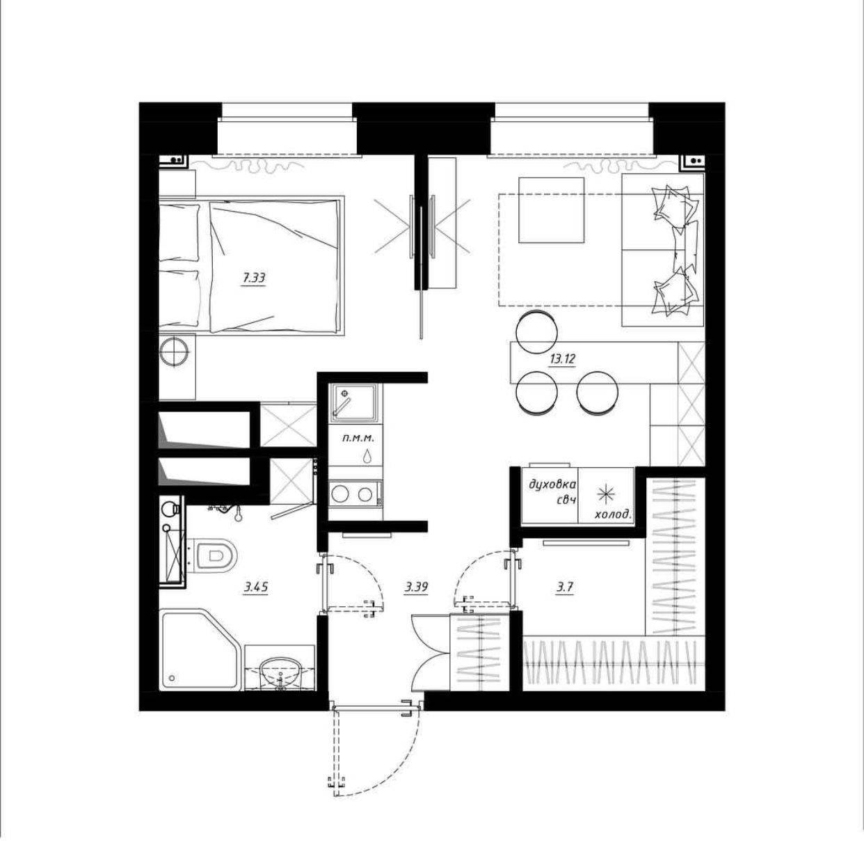 Дизайн однокомнатной квартиры 33 кв.м: фото | home-ideas.ru