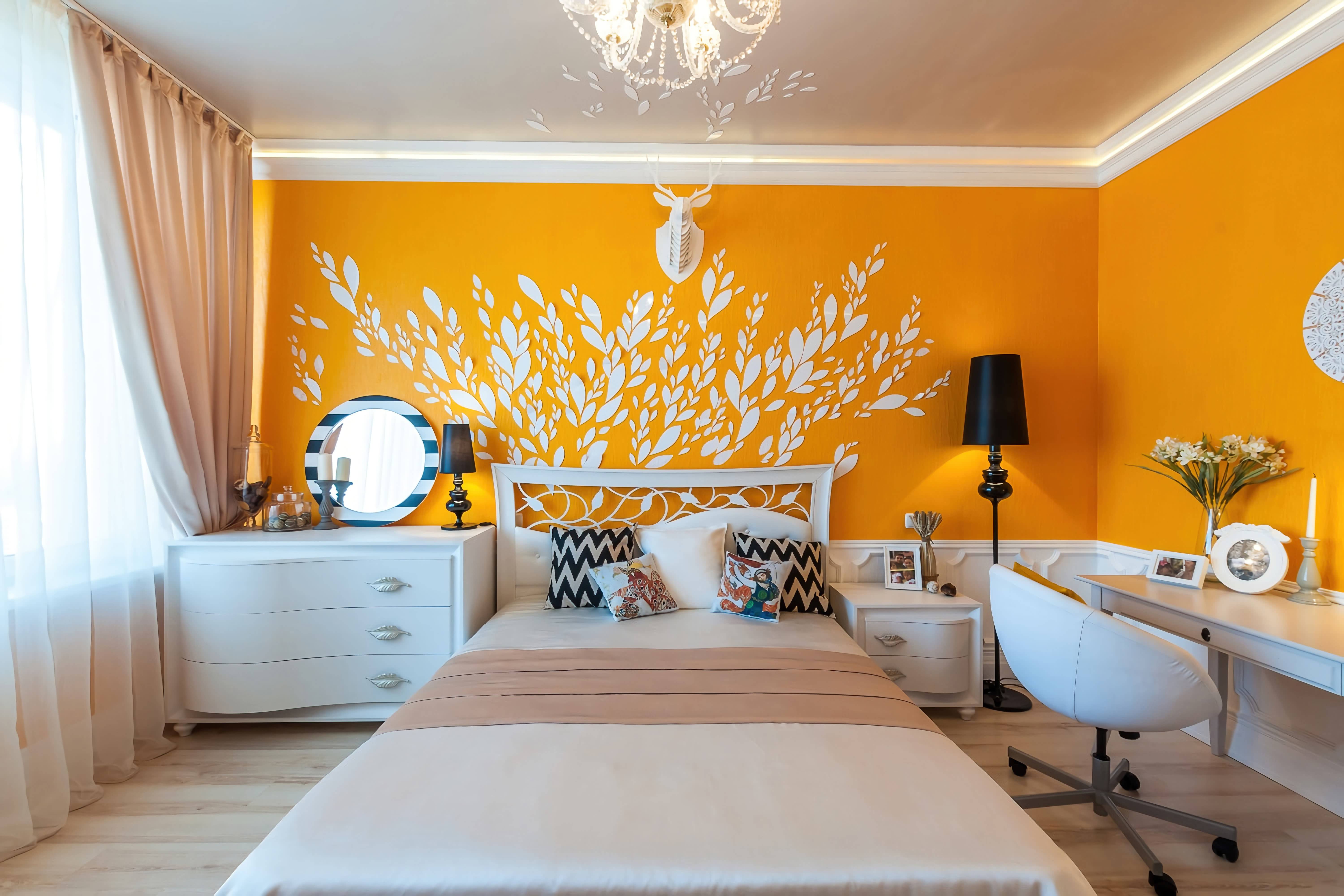 Спальня в оранжевых тонах. Спальня в ярких тонах. Желтые стены в интерьере. Спальня в желтом цвете. Желтая фантазия дома и стены помогают
