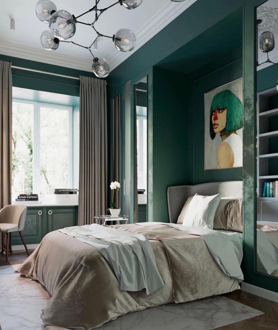 Зеленая спальня - смелое дизайнерское решение (55 фото идей)
