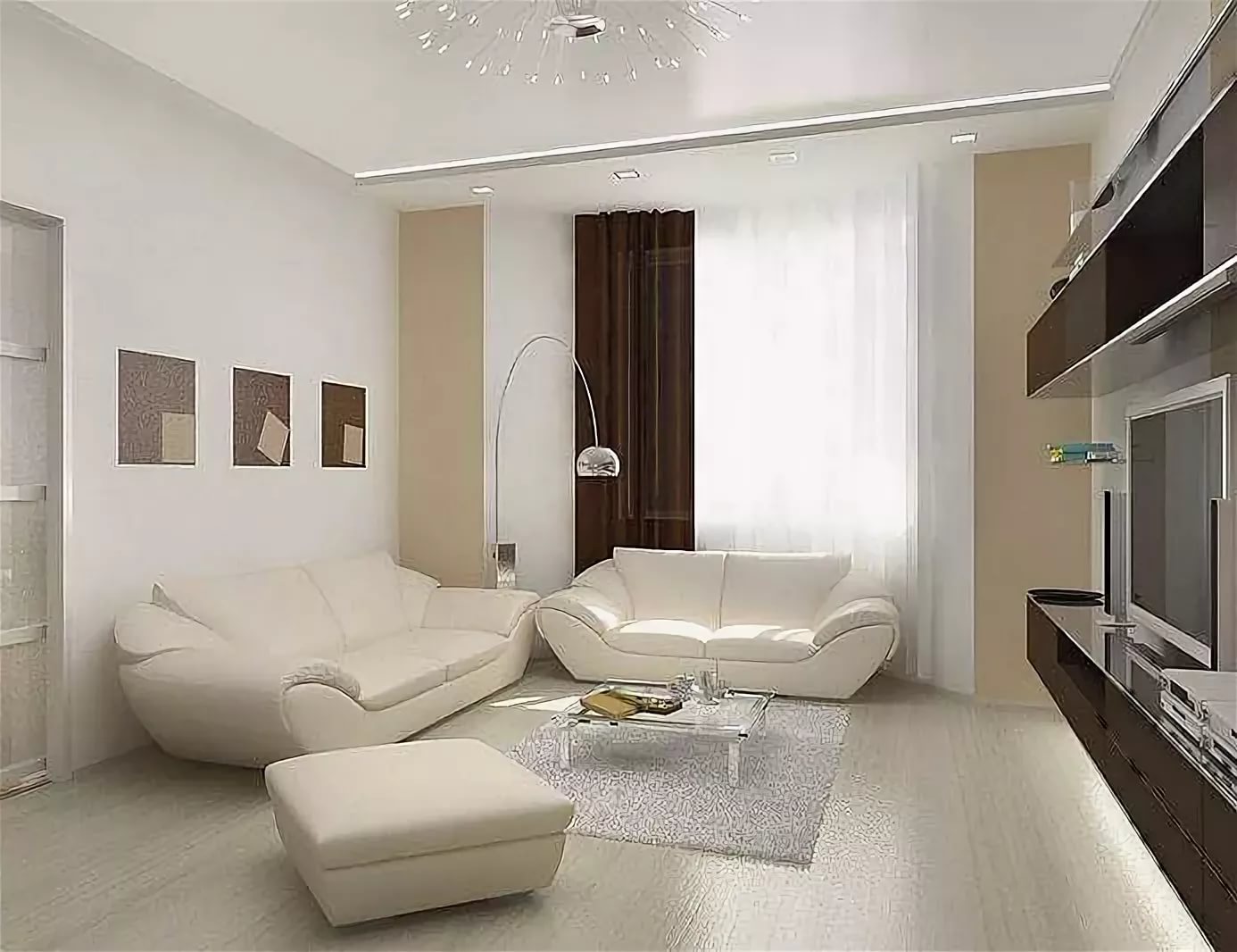 современный интерьер гостиной в светлых тонах прямоугольной формы