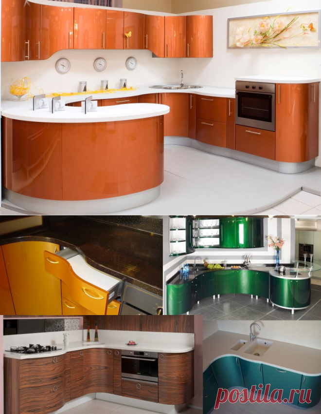 Гнутые фасады для кухни: мебель с радиусными фасадами, фото гарнитуров