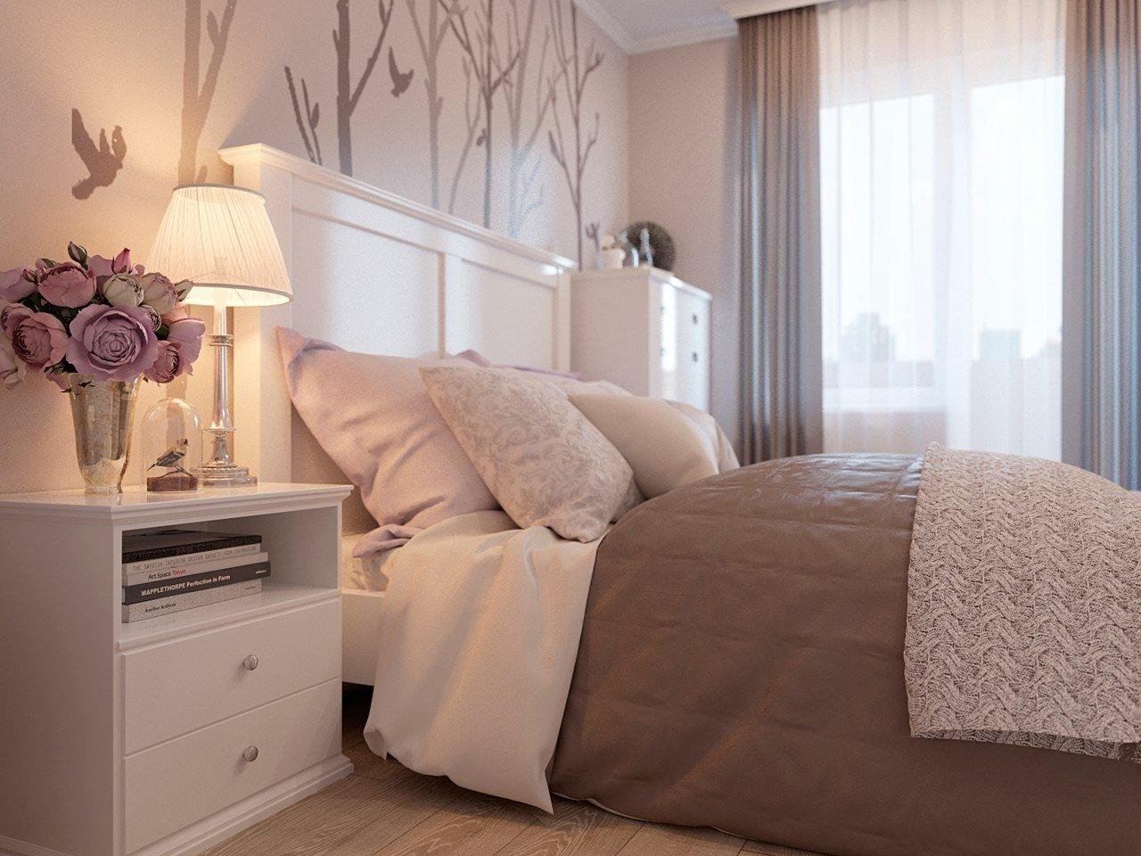 спальня с белой мебелью дизайн в бежевых тонах