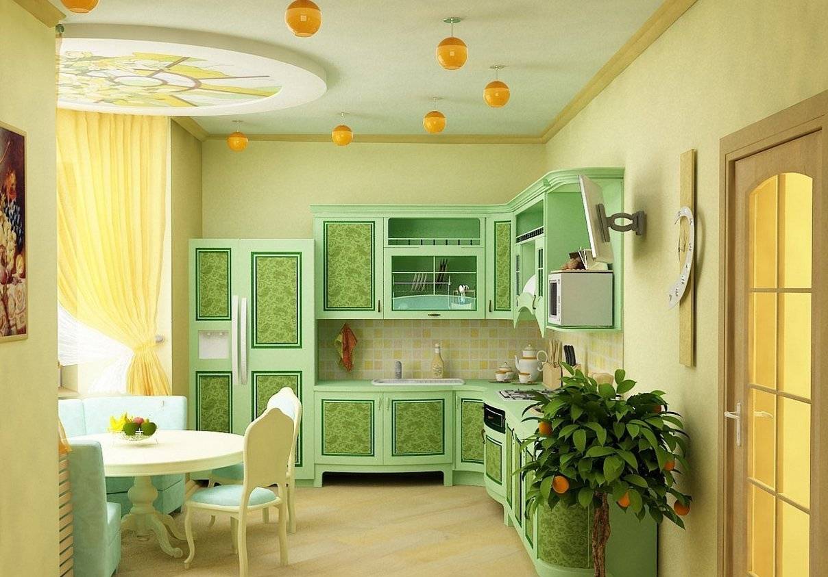 Фисташковые стены в интерьере кухни