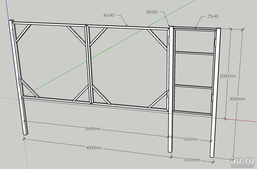 Размер ворот на даче. Каркас калитки из профильной трубы 40/20 чертеж. Ворота распашные 4 метра из профильной трубы и профлиста чертеж. Ворота из профиля 40*40 + 20*20 чертёж. Чертеж калитки из профильной трубы 60 60.