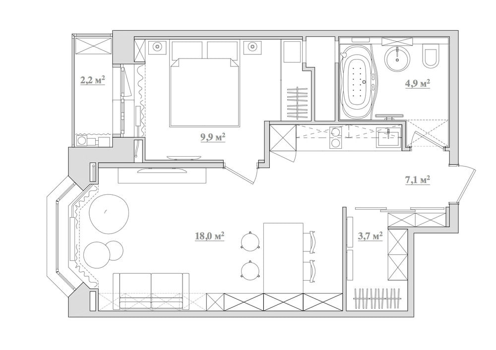 Квартира 42-43 кв. м: дизайн однокомнатной и двухкомнатной хрущевки, ремонт, варианты планировок, фото стильного интерьера 