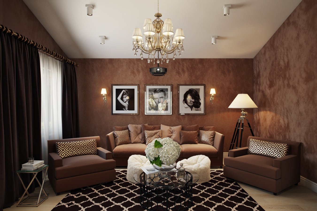 коричневый цвет в интерьере гостиной фото