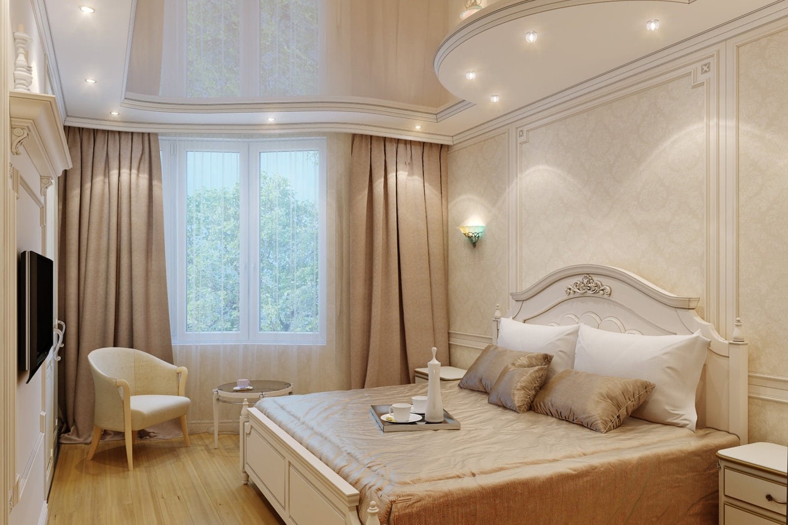 Потолок в спальне: дизайн, виды, цвет, фигурные конструкции, освещение, при...