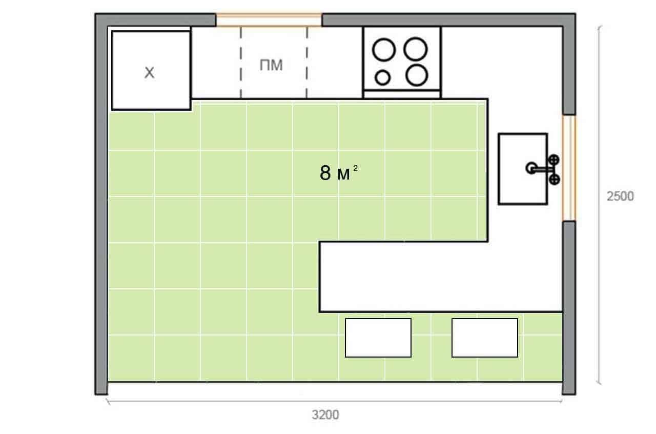Планировка кухни 8 кв м с размерами