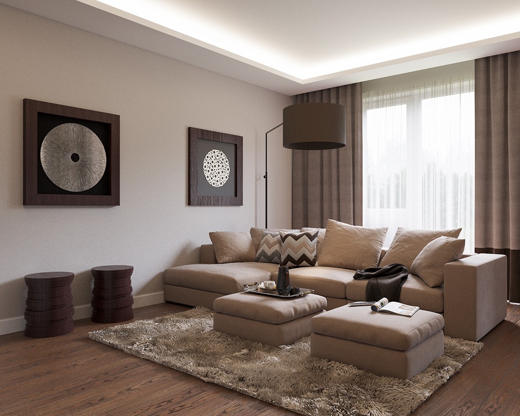 коричневый диван в маленькой комнате