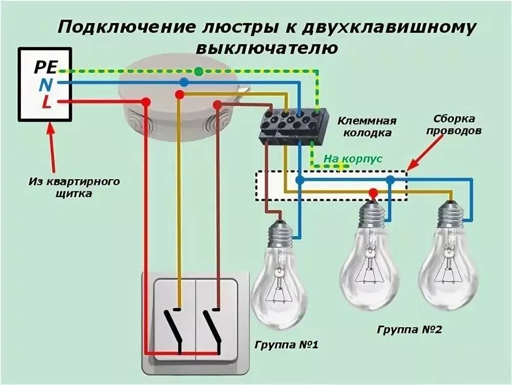 Схема подключения люстры на двухклавишный выключатель: инструкция по подключению