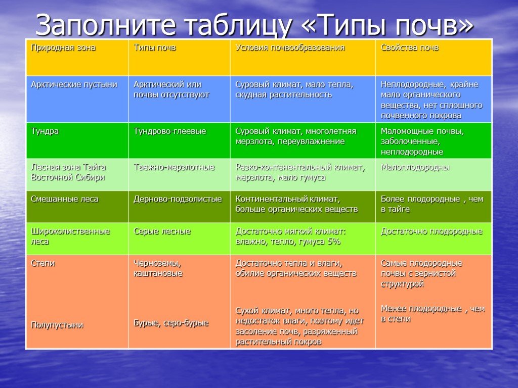 Природно хозяйственные зоны обобщение. Таблица почвы 7 класс география. География 7 класс почвы таблица Тип почвы.