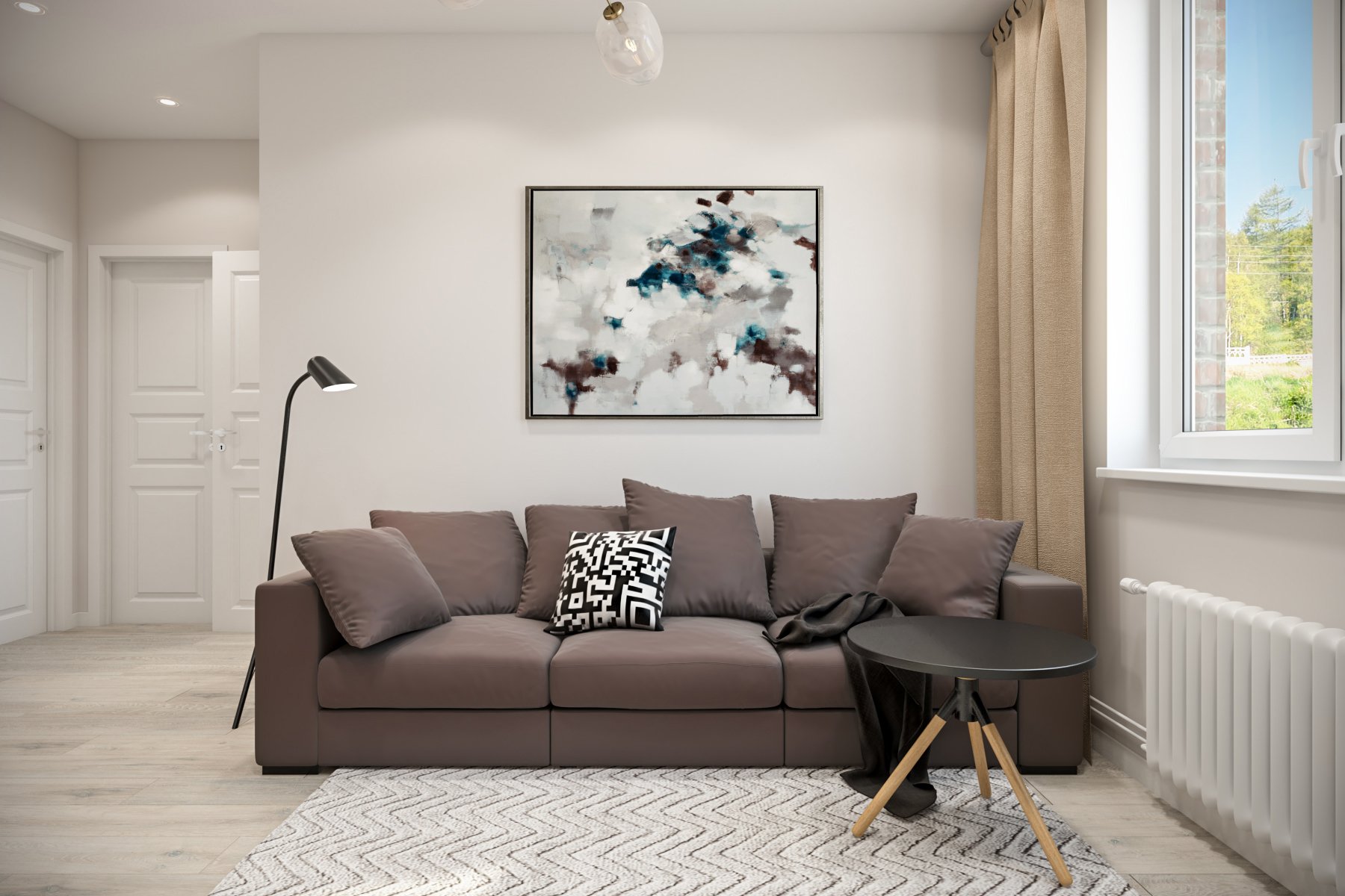 расцветка диванов в интерьере с серыми стенами