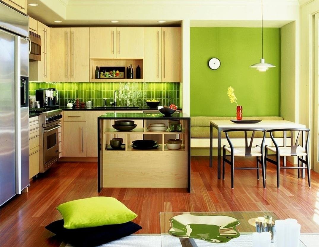сочетание бежевого и зеленого в интерьере кухни
