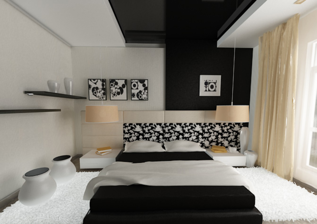 Черно-белый натяжной потолок в 2 уровня – все особенности оформления и дизайна