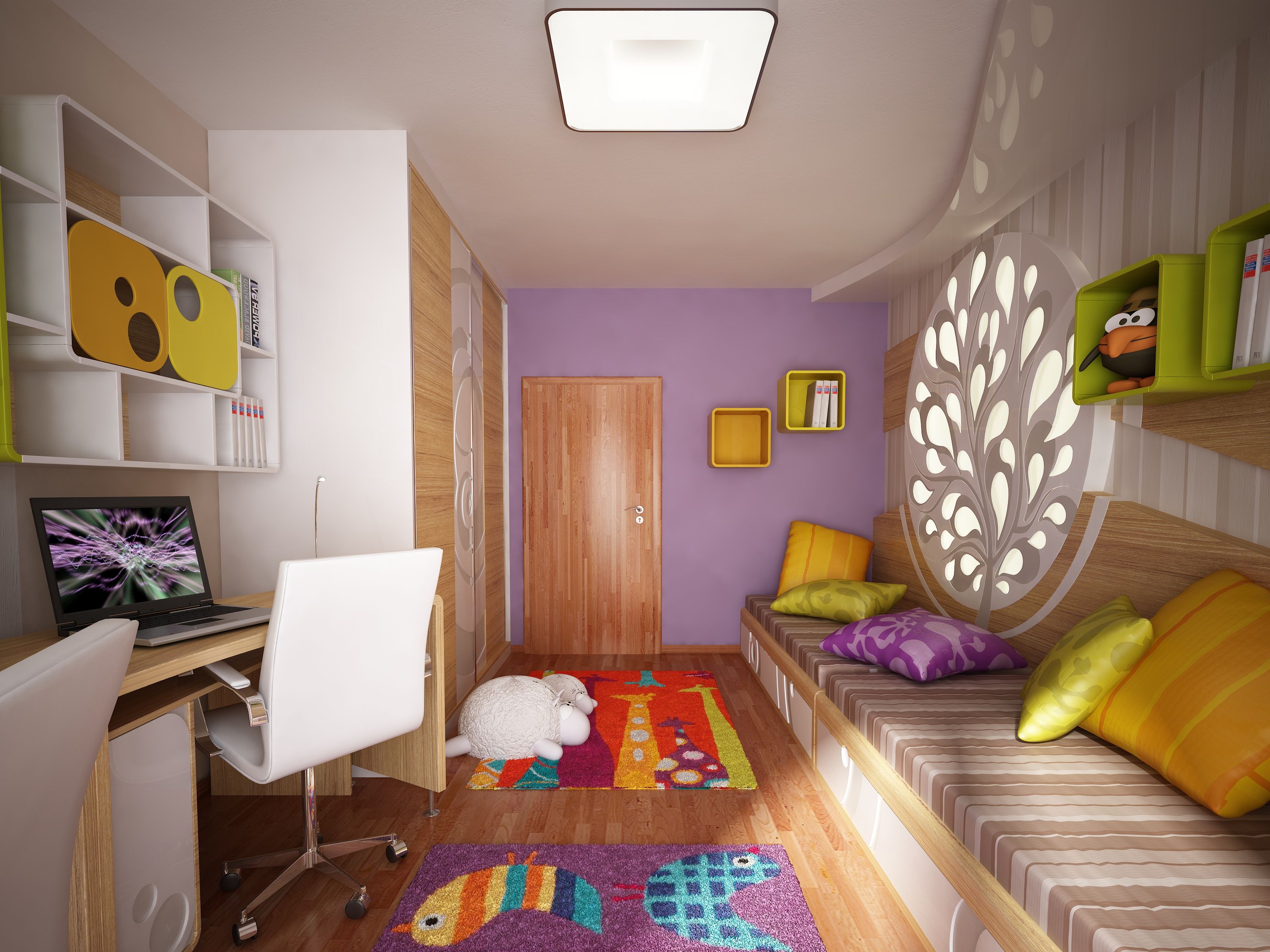 планировка комнаты с детской кроваткой и диваном