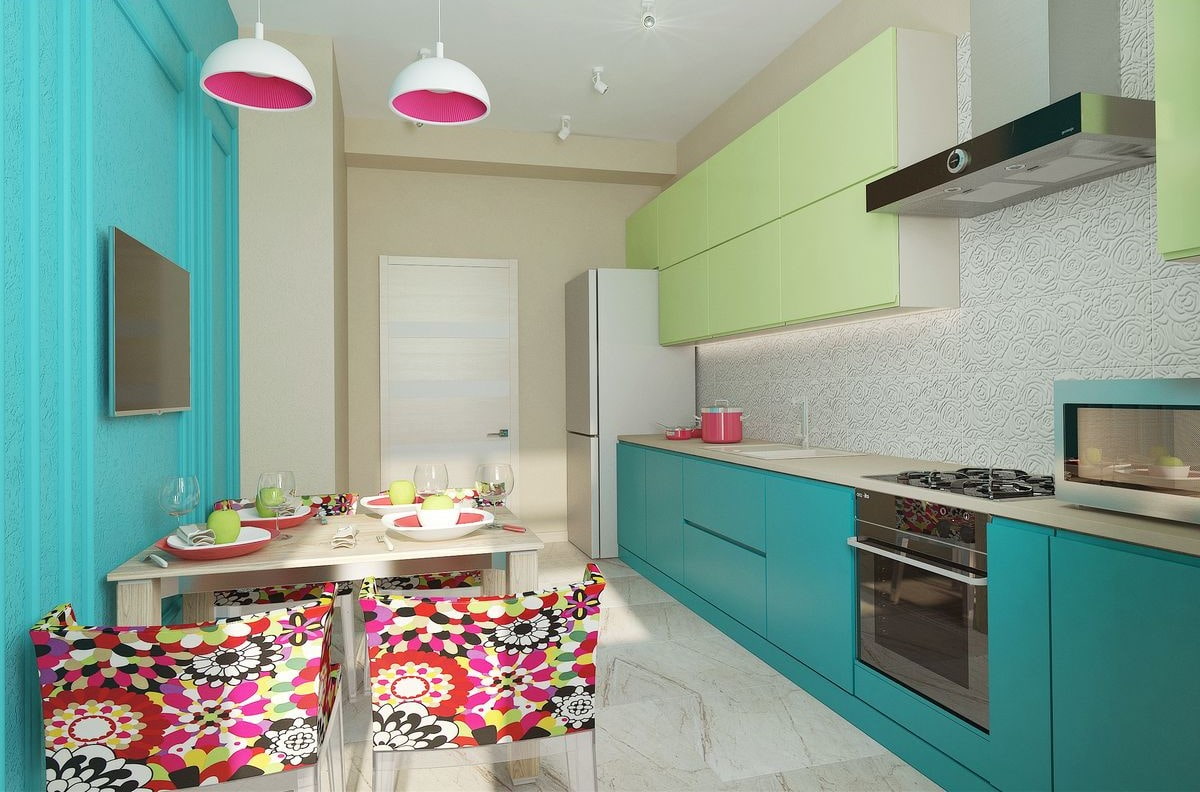 Кухня в бирюзовых цветах. Яркий интерьер кухни. Кухни яркие цвета. Кухня в бирюзовом цвете. Яркая стена на кухне.