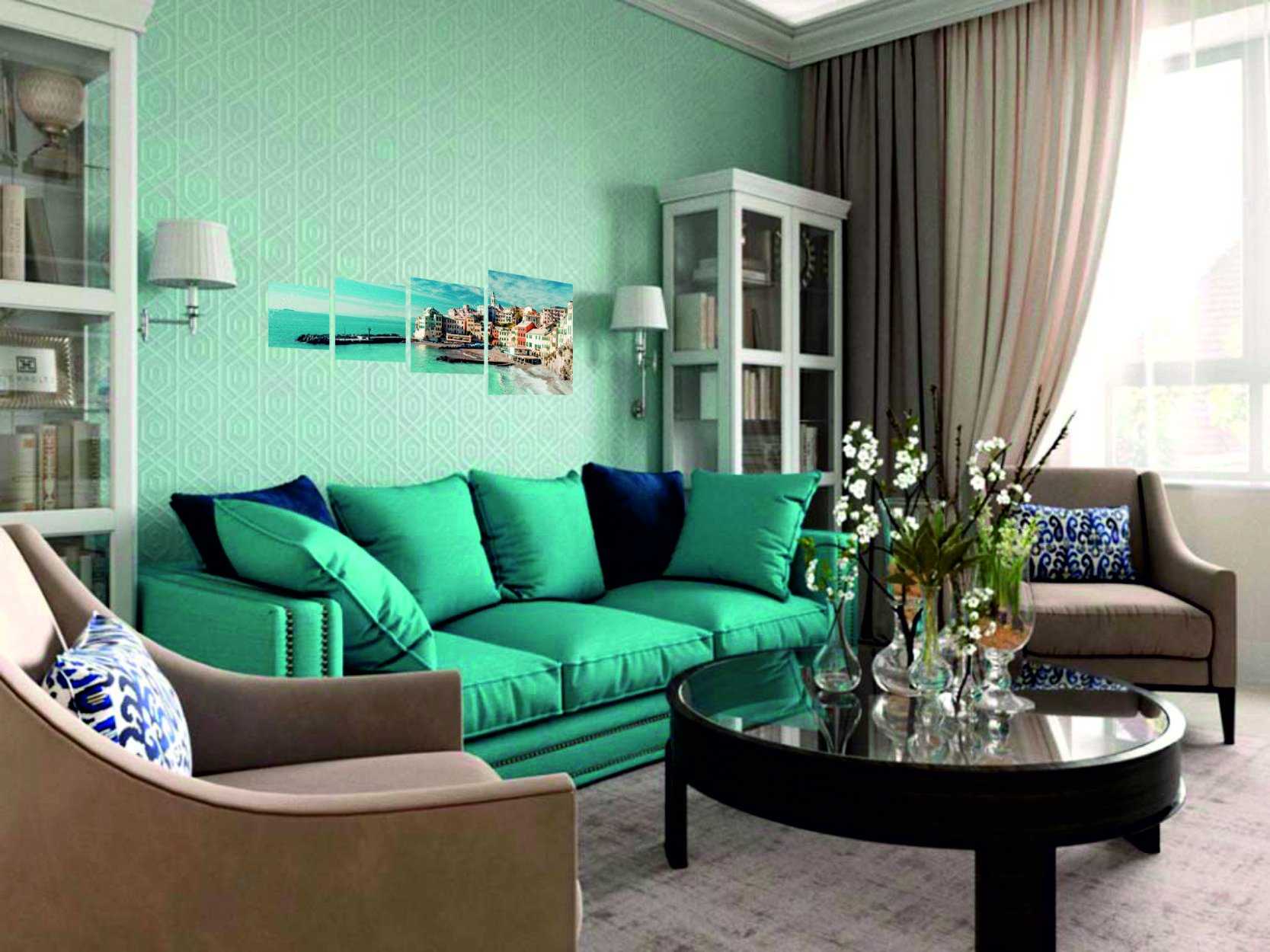 гостиная с голубым диваном