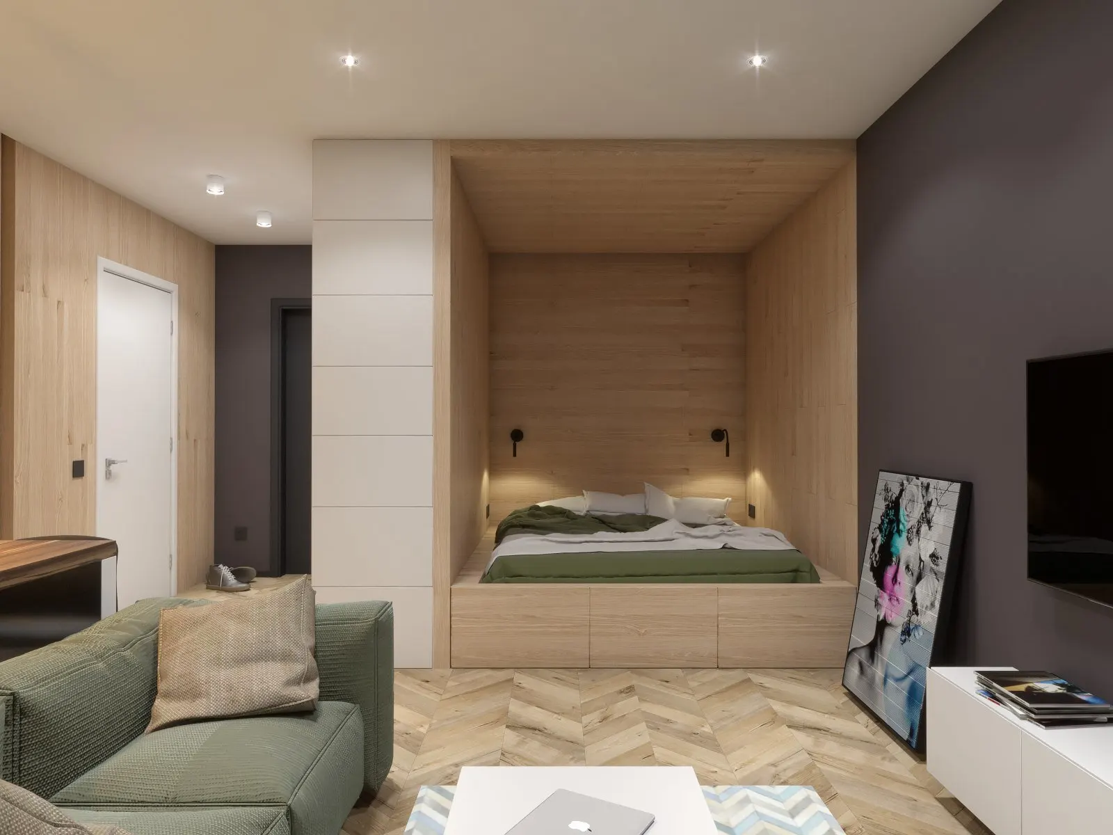 обустройство однокомнатной квартиры с кроватью и диваном