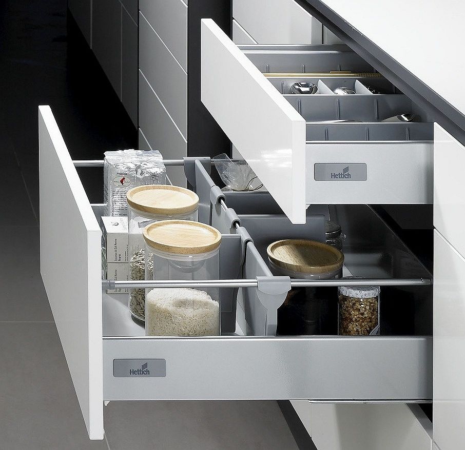 Наполнение кухонных шкафов внутри: виды полок, конструкции для хранения